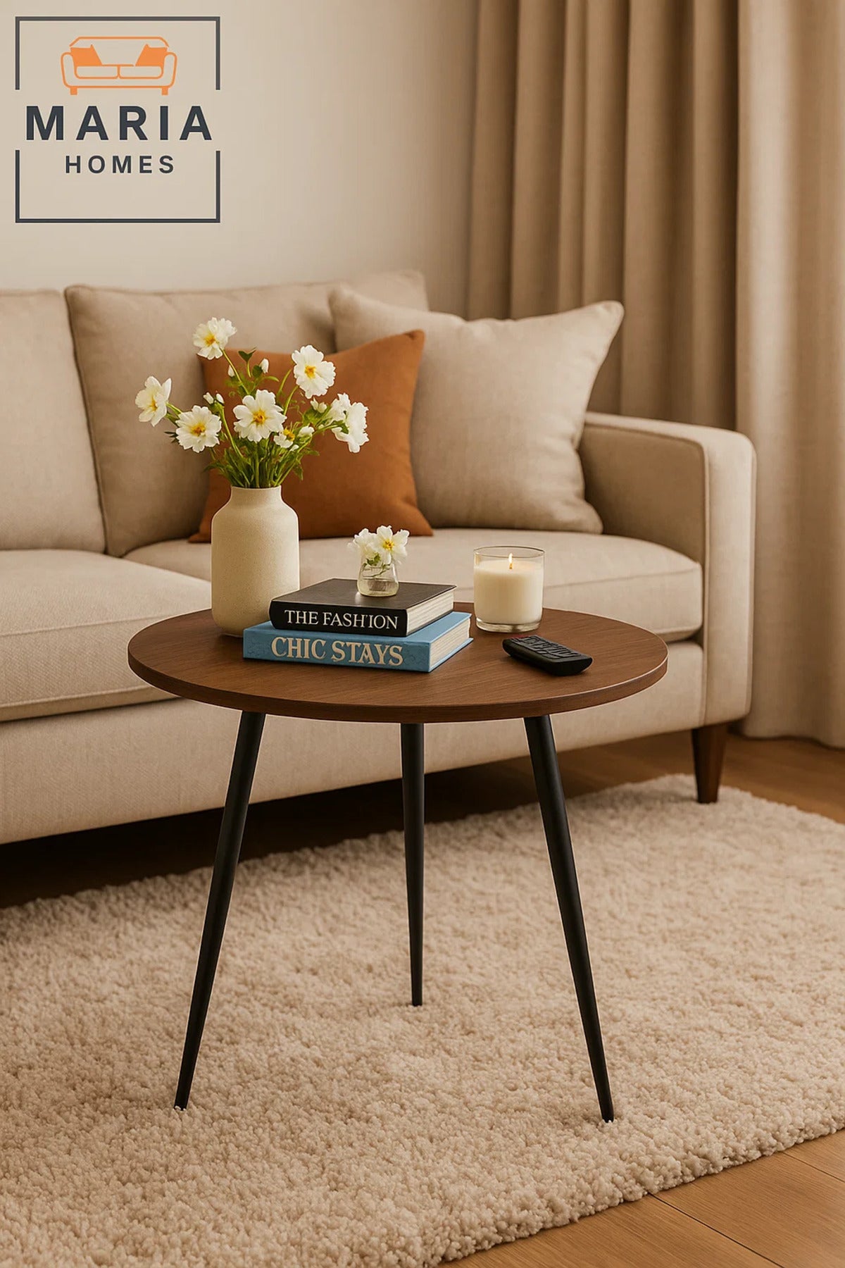 Round Dark Wood Side Table with Slim Black Metal Legs