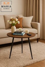 Round Dark Wood Side Table with Slim Black Metal Legs