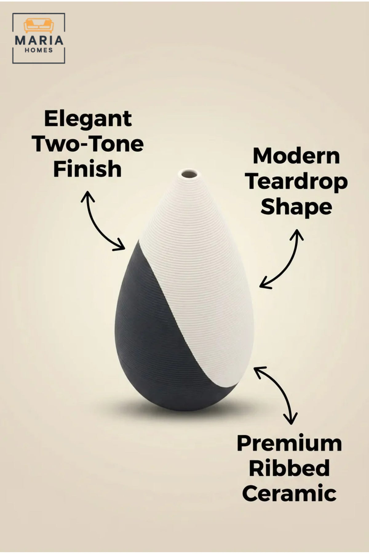 Modern Decorative Flower Vase with Two-Tone Abstract Design, Teardrop Shape and Ribbed Texture for Living Room, Bedroom, Office, Shelf and Console Décor
