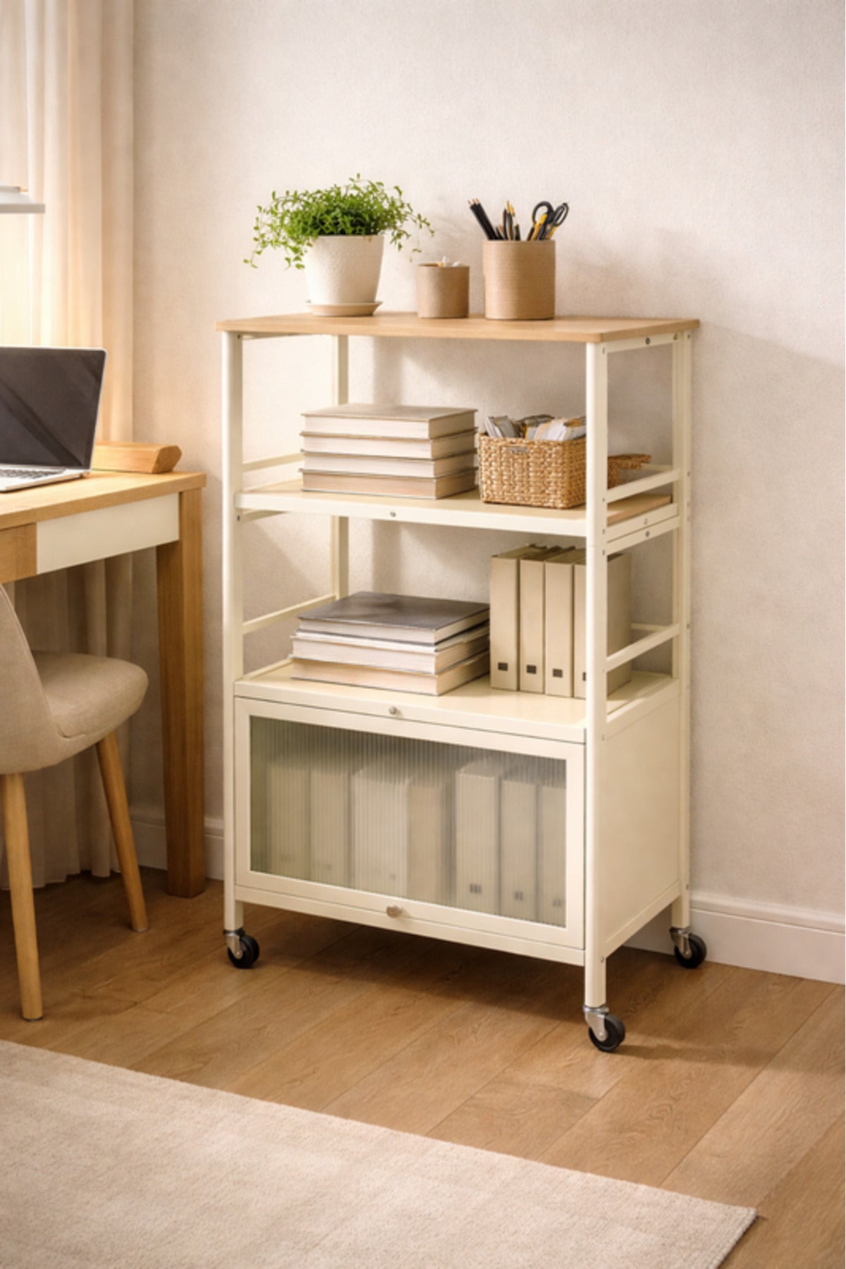 Multi-Tier Storage Shelf with Cabinet & Wheels 60_40_115 cm