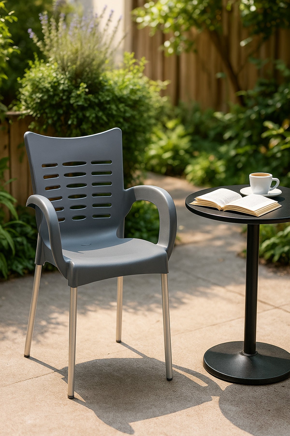 Modern Gray Plastic Outdoor Armchair for Garden, Patio & Balcony Stylish Comfortable Design Chair