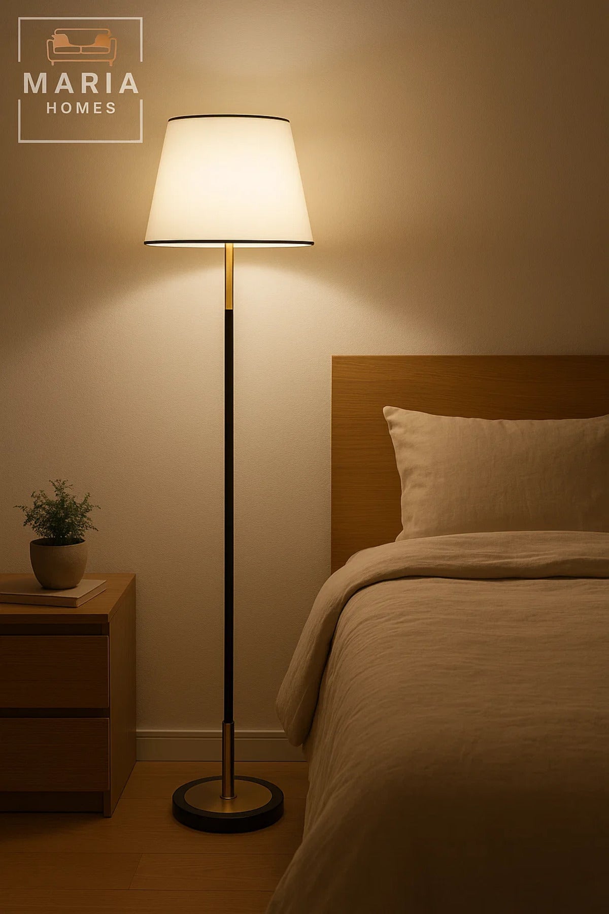 Black and Gold Floor Lamp with White Shade