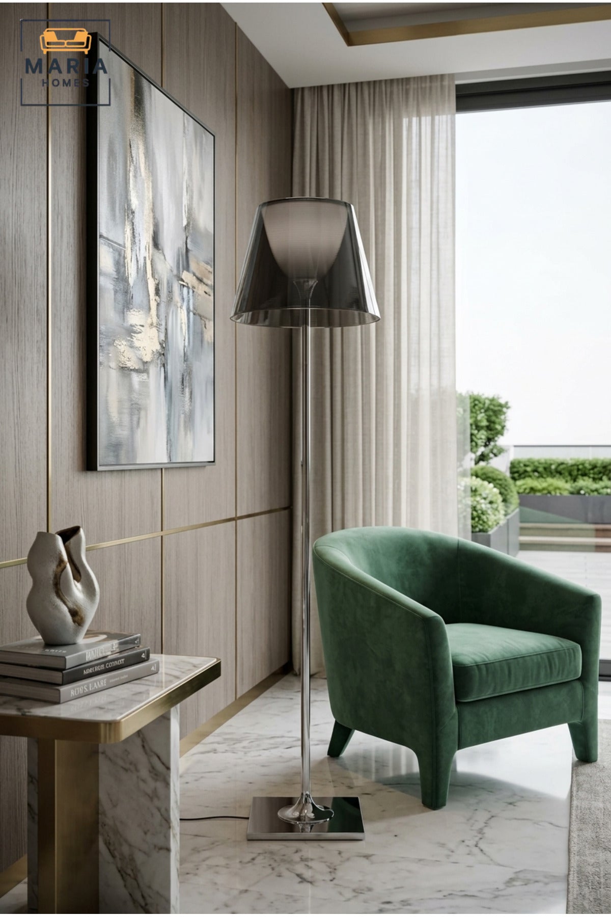 Modern Chrome Floor Lamp with Smoked Transparent Shade, Slim Upright Stand and Square Base Decorative Standing Light for Living Room Bedroom and Office