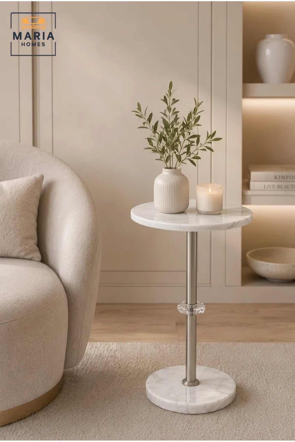 Luxury Round Marble Side Table with Crystal Accent and Brushed Nickel Frame √ê Modern End Table for Living Room, Bedroom & Lounge