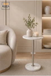 Luxury Round Marble Side Table with Crystal Accent and Brushed Nickel Frame √ê Modern End Table for Living Room, Bedroom & Lounge