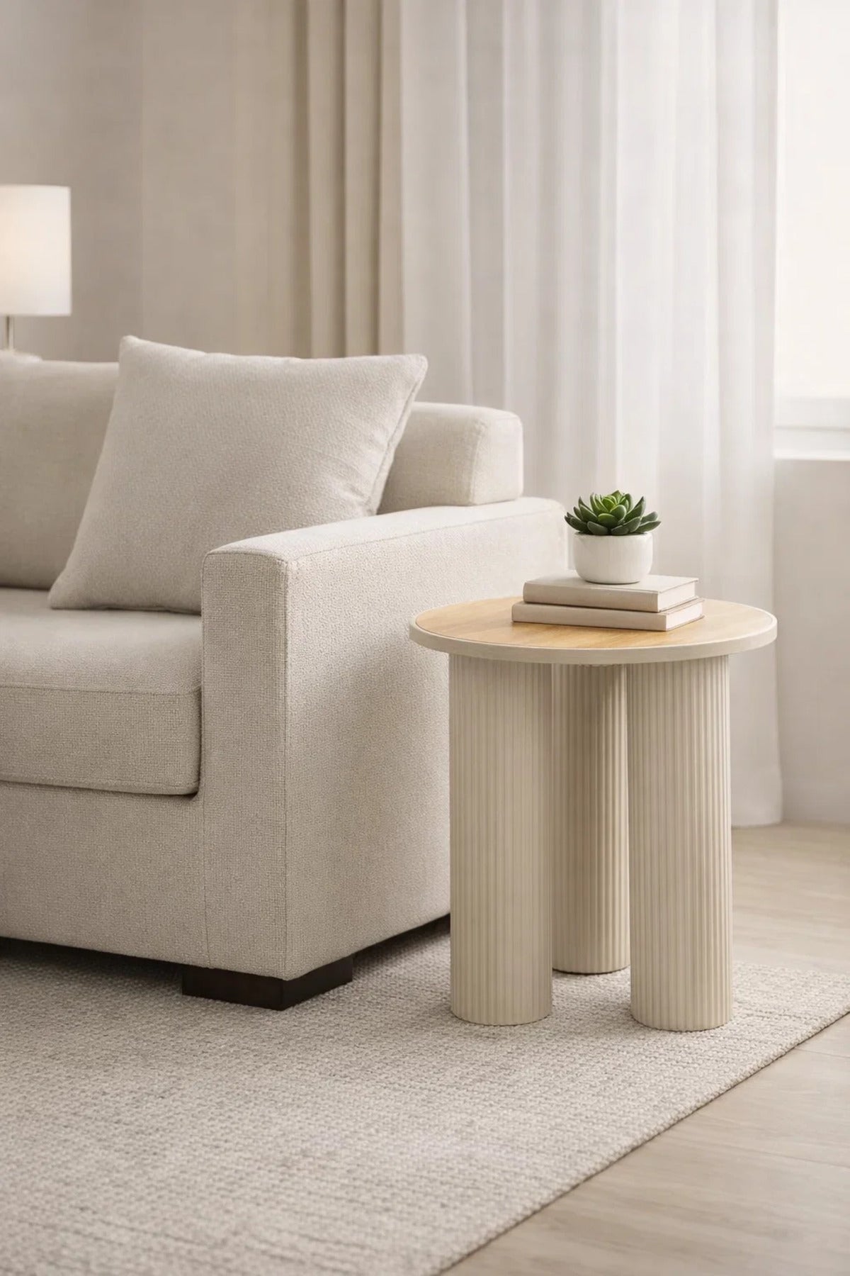 Beige Fluted Side Table with Wood Top Modern Round End Table for Home Living Room Decor