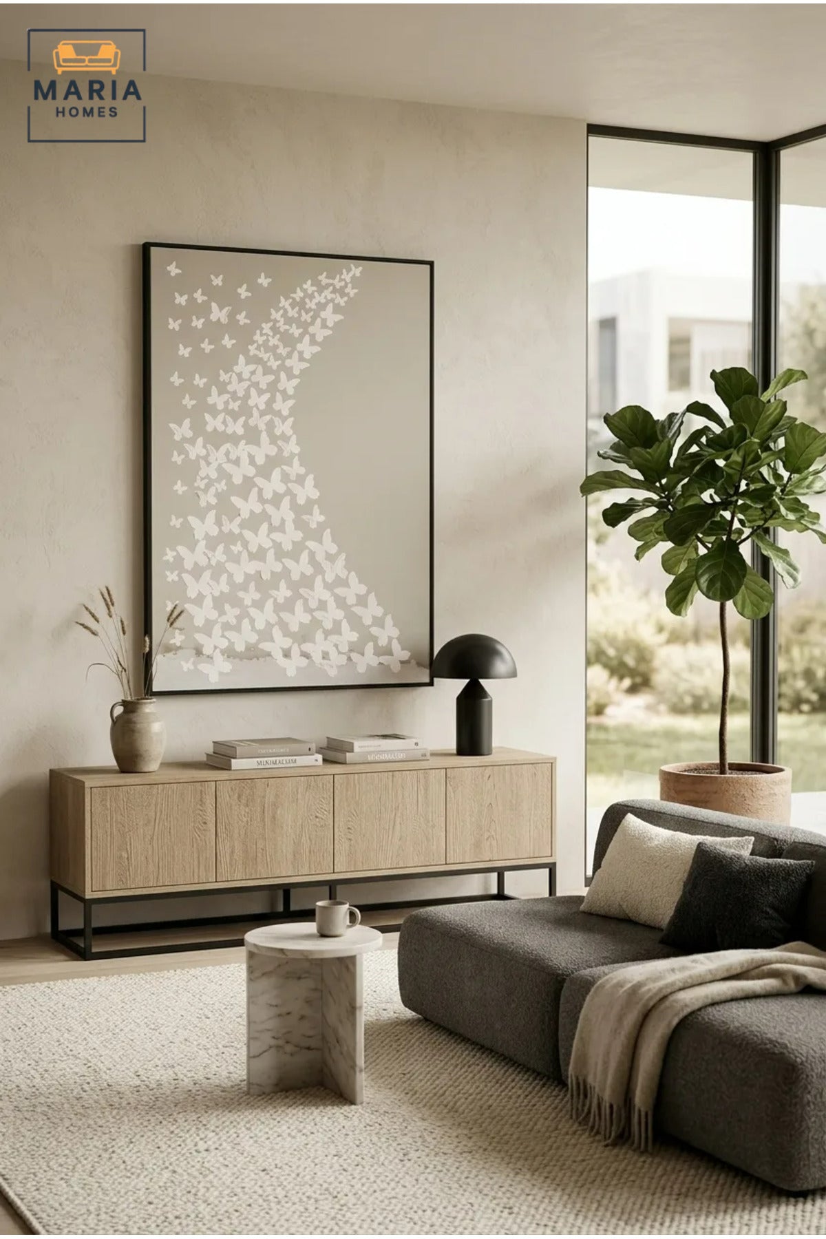 Modern Butterfly Textured Wall Art with Black Frame, White and Grey Abstract Canvas Print for Living Room, Bedroom, Hallway and Office Décor