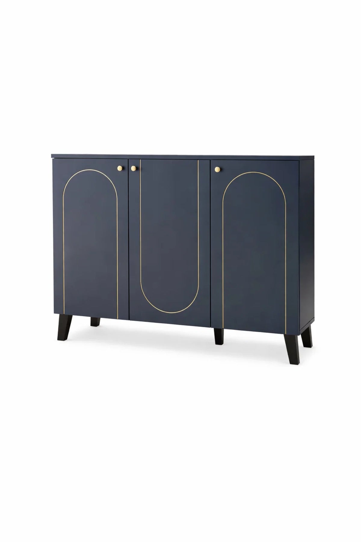 Modern Navy Blue Shoe Cabinet 3-Door Entryway Storage Organizer with Gold Trim 100x35x95cm