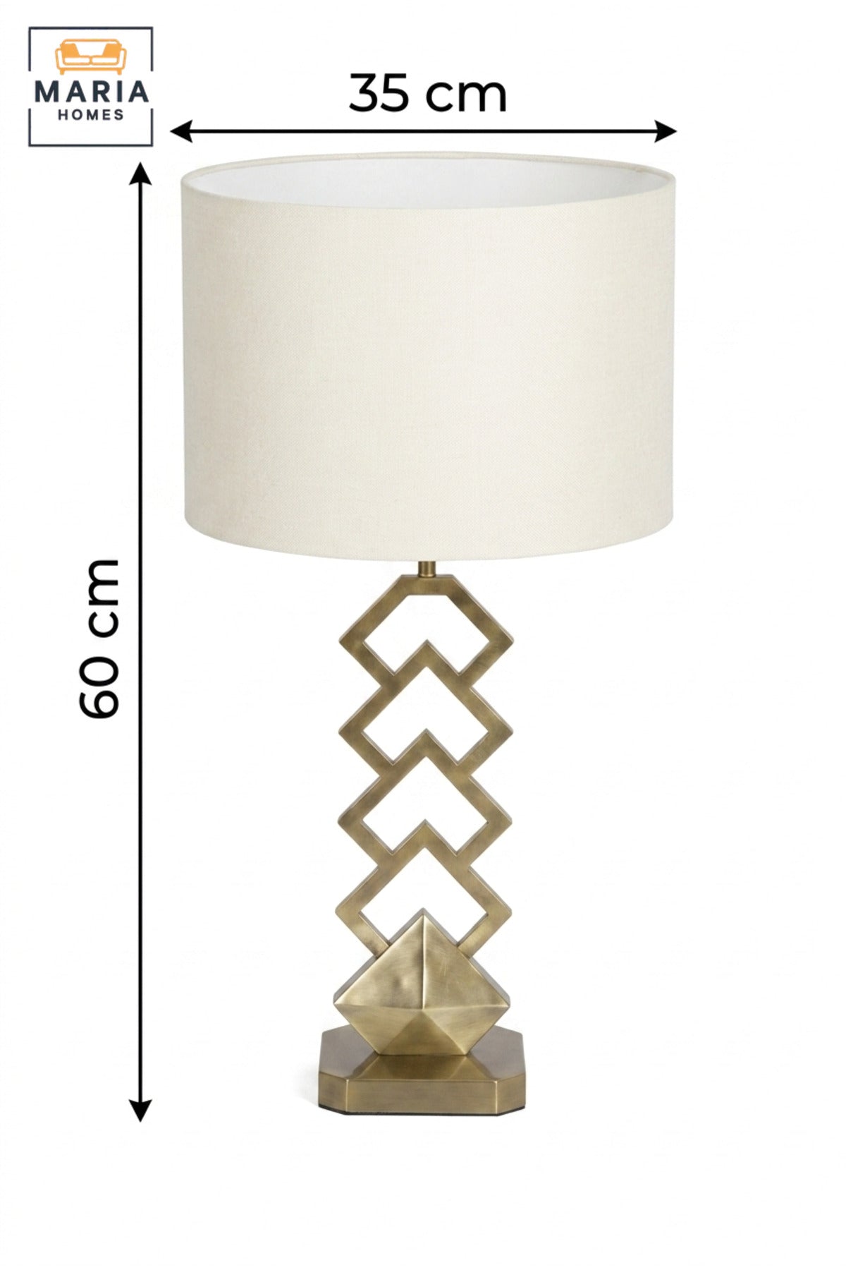 Modern Geometric Gold Table Lamp with White Drum Fabric Shade and Open Sculptural Base for Bedroom, Living Room, Office, Hotel and Bedside Décor