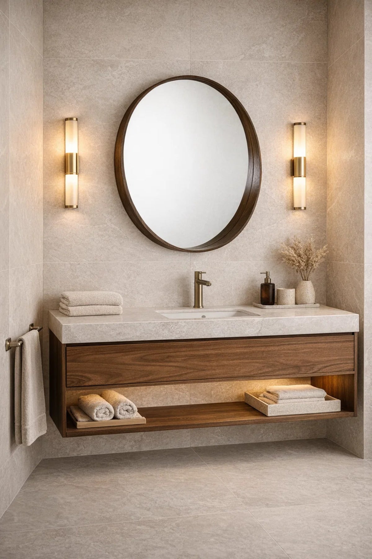Premium Round Wood Frame Wall Mirror 80cm M51 Brown Modern Home Decor for Entryway Bathroom Vanity