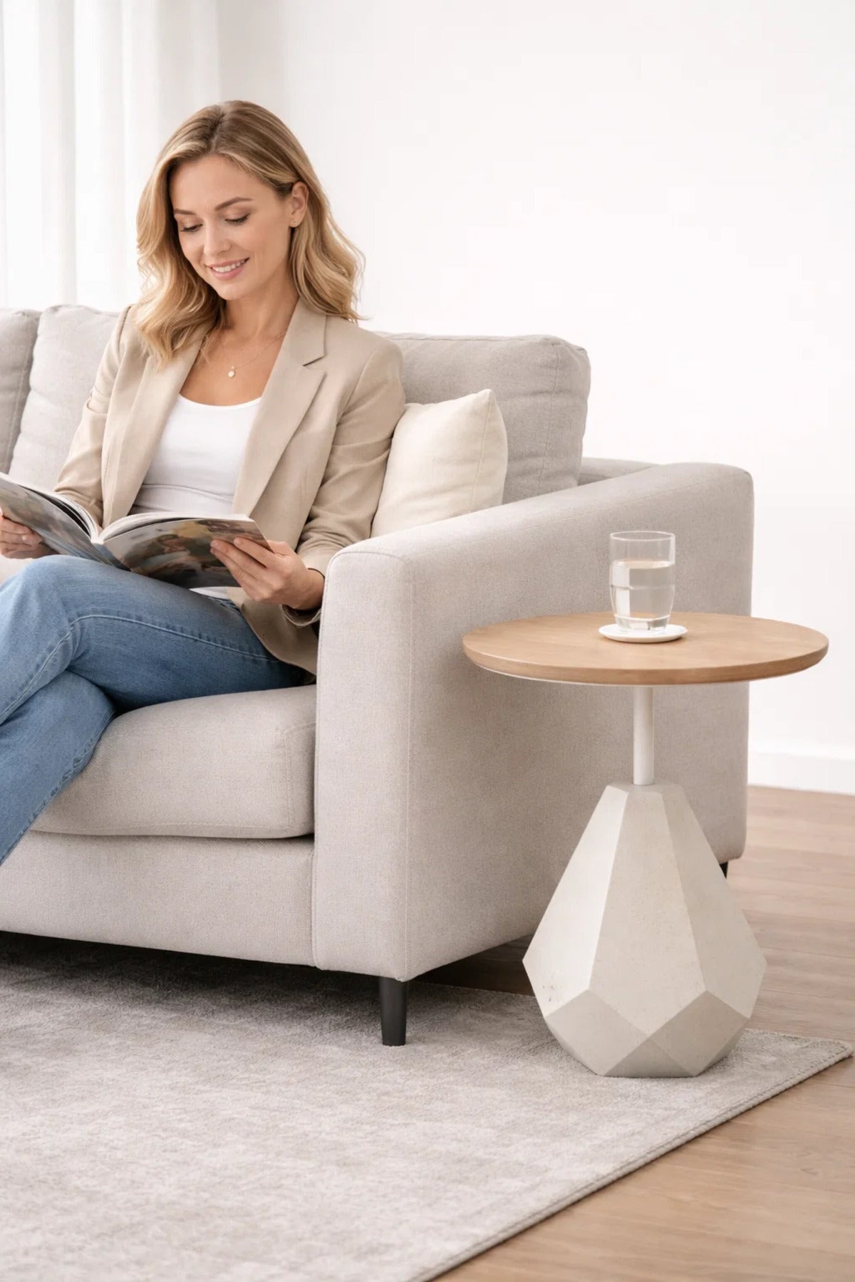 Modern Round Side Table Beige Geometric Base Wood Top 60cm Tall for Stylish Living Rooms