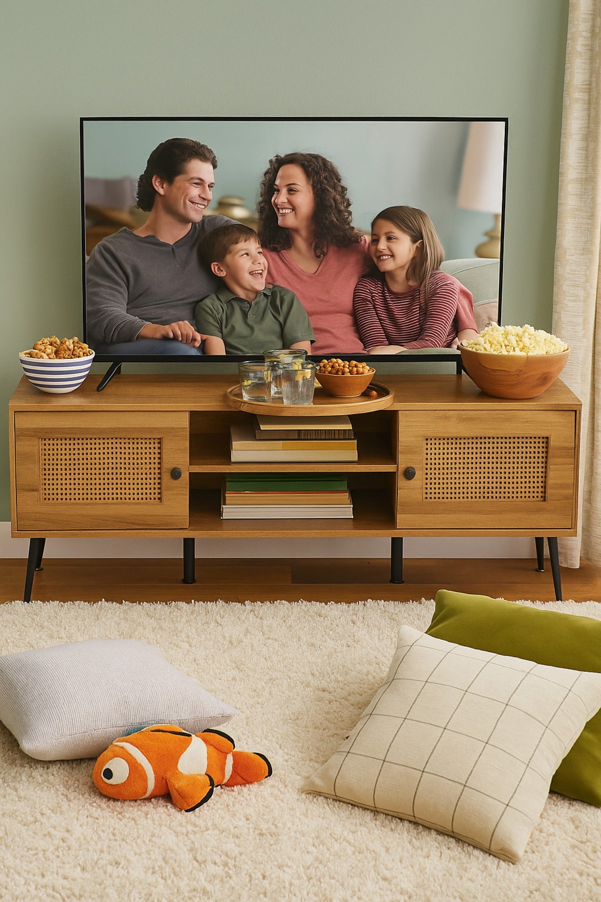 Brown Wooden TV Stand with Rattan Doors | Modern TV Cabinet with Shelves & Storage | 200_40_50 cm