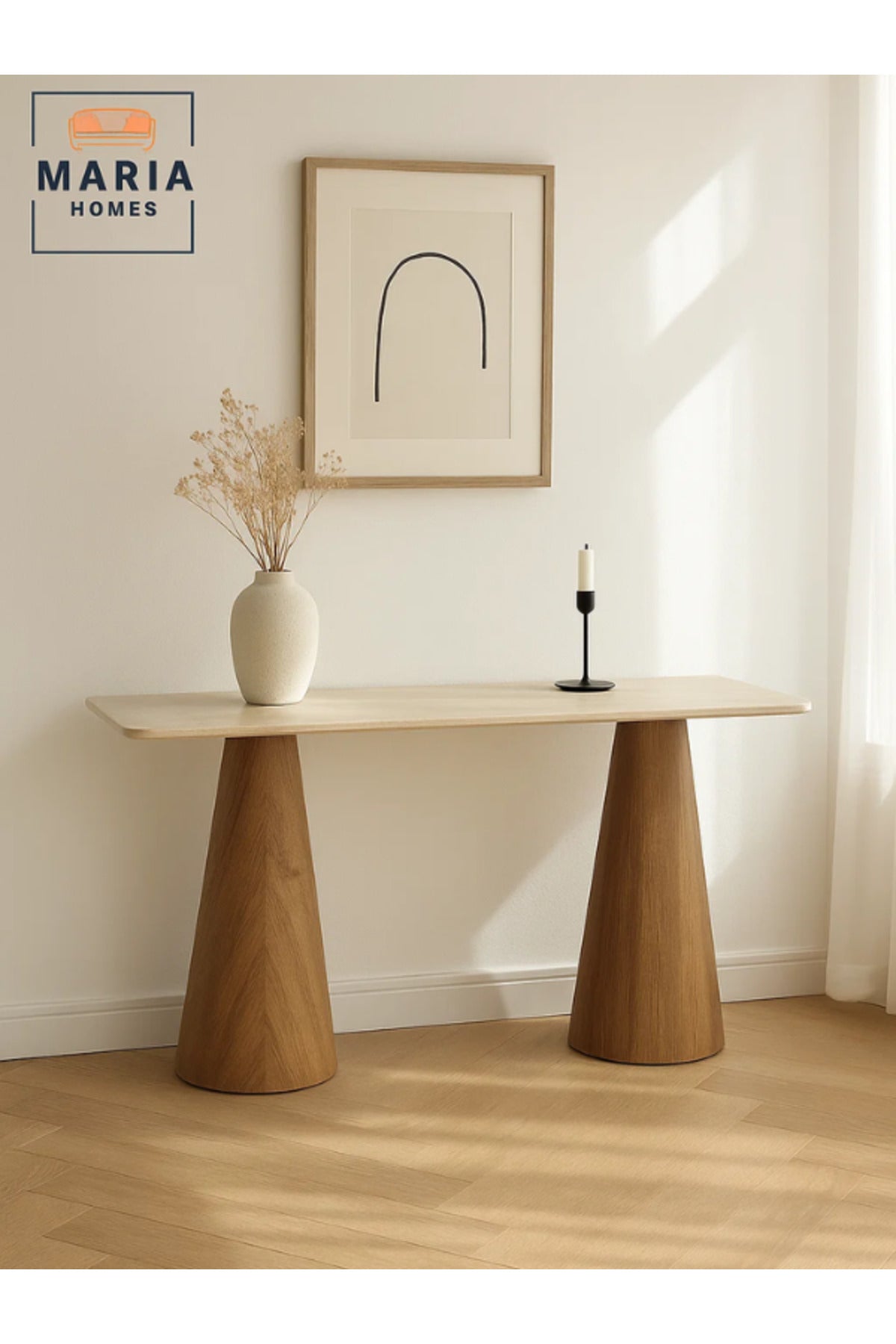 Beige Top Console Table with Brown Wooden Base Ð Modern Entryway & Living Room Table 140_40_80 cm