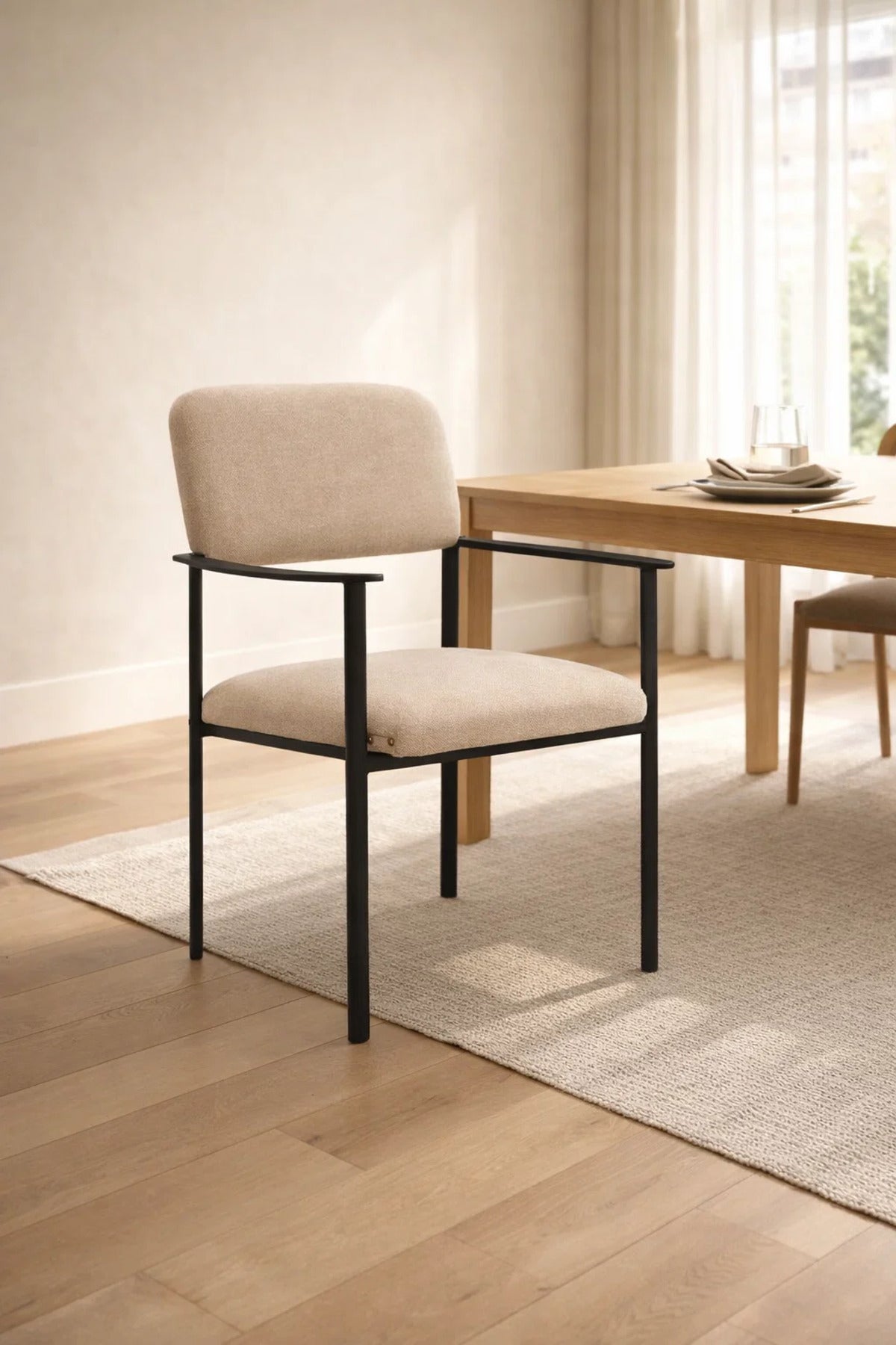 Modern Beige Upholstered Armchair with Black Metal Frame Stylish Dining Chair for Home Office Use