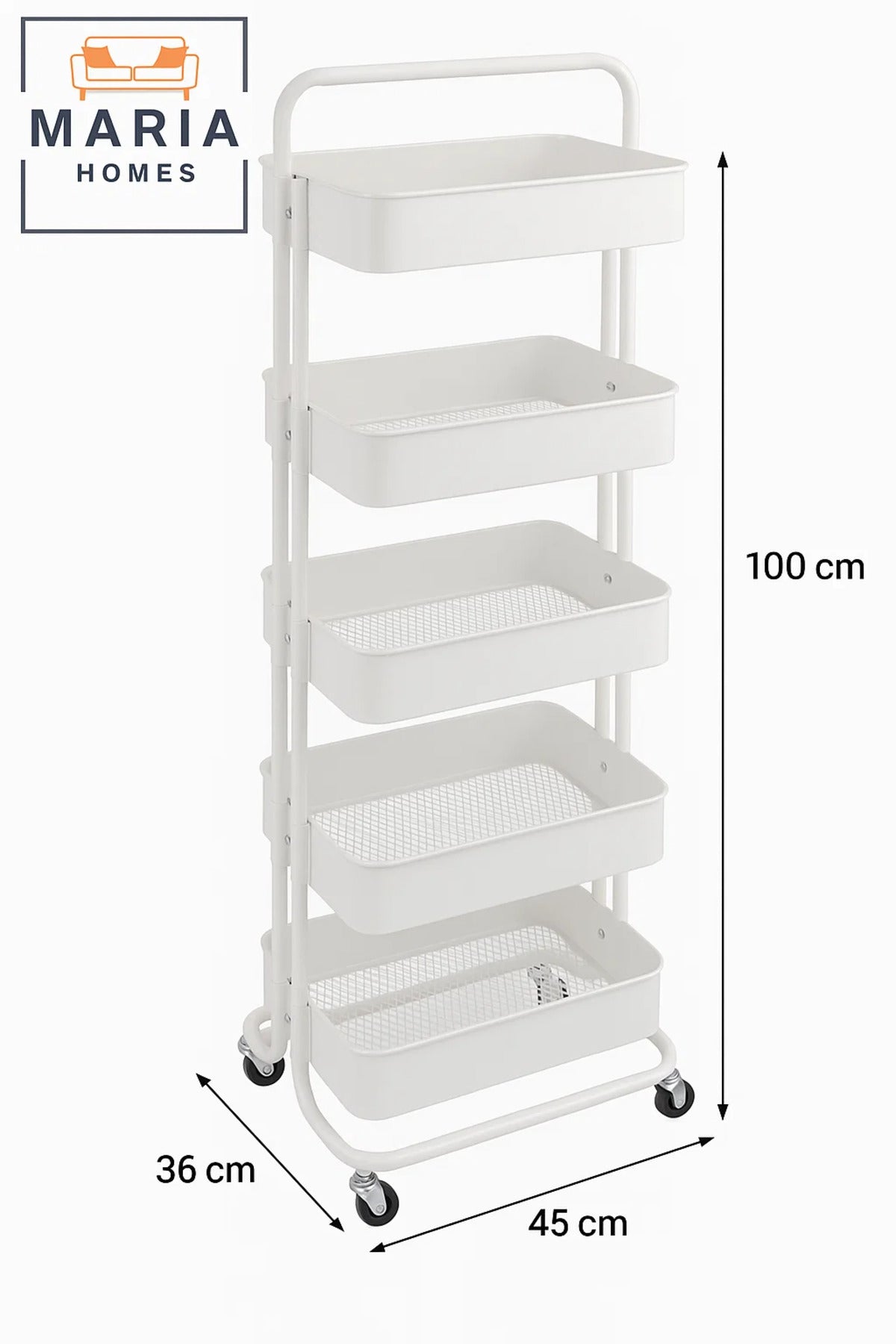 5-Tier Rolling Storage Cart Ð White Metal Wheels for Home, Office, Kitchen Use