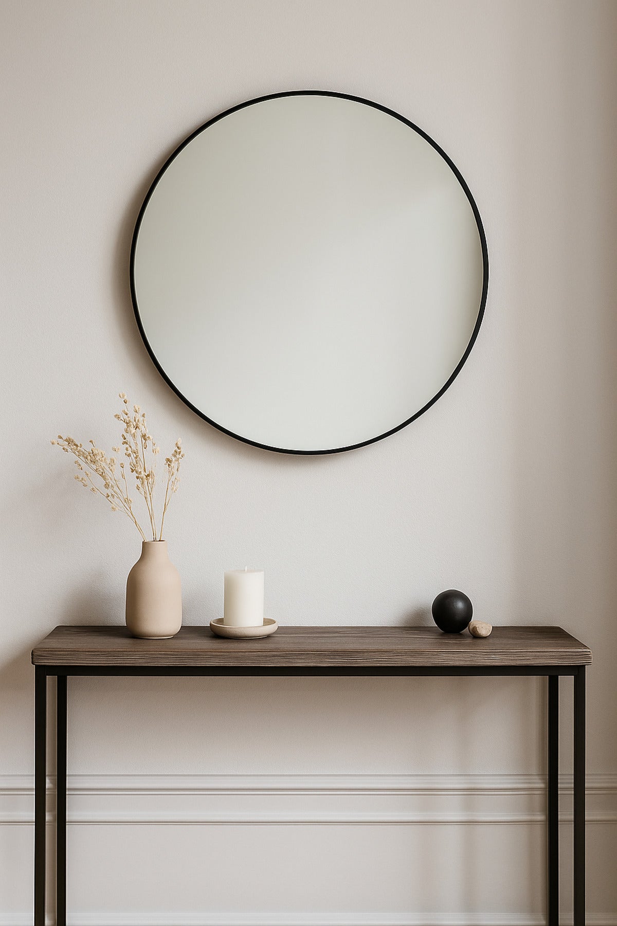 Round Wall Mirror with Black Frame Ð 100 cm Modern Decorative Mirror for Home