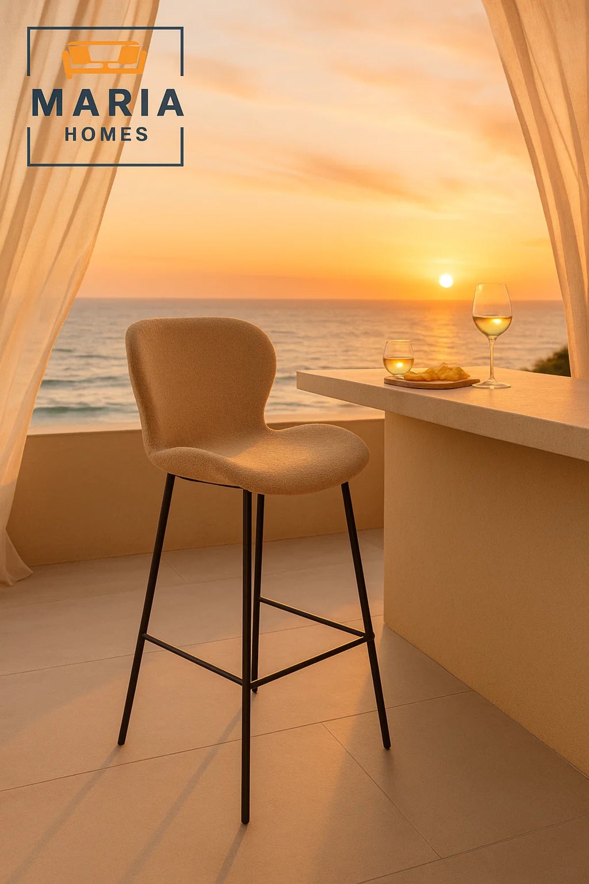 Beige Curved-Back Bar Stool with Black Metal Legs