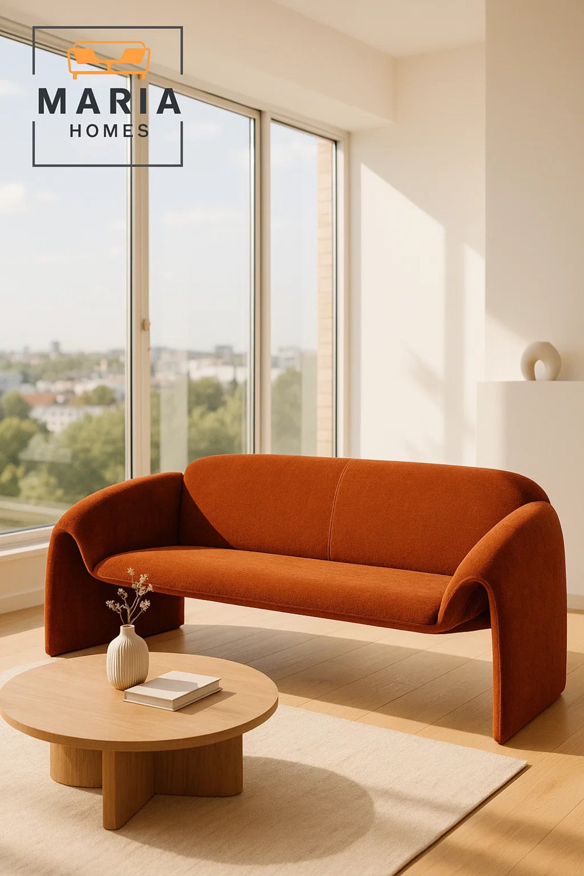 Modern Orange Sofa √ê Curved Fabric 3-Seater for Living Room & Lounge Spaces
