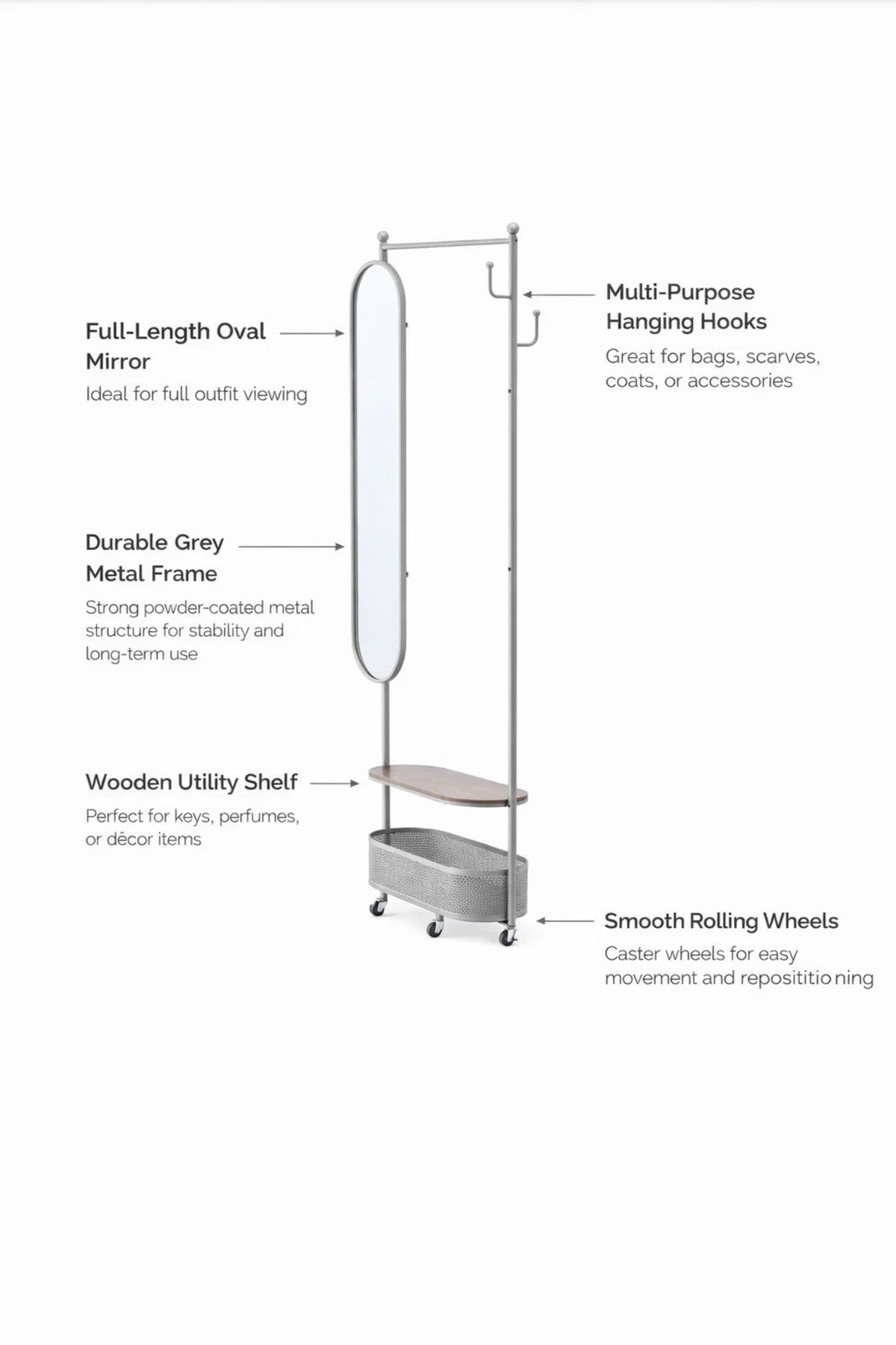 Modern Mobile Coat Rack Stand with Oval Mirror Shelf and Basket Storage for Hallway Organization