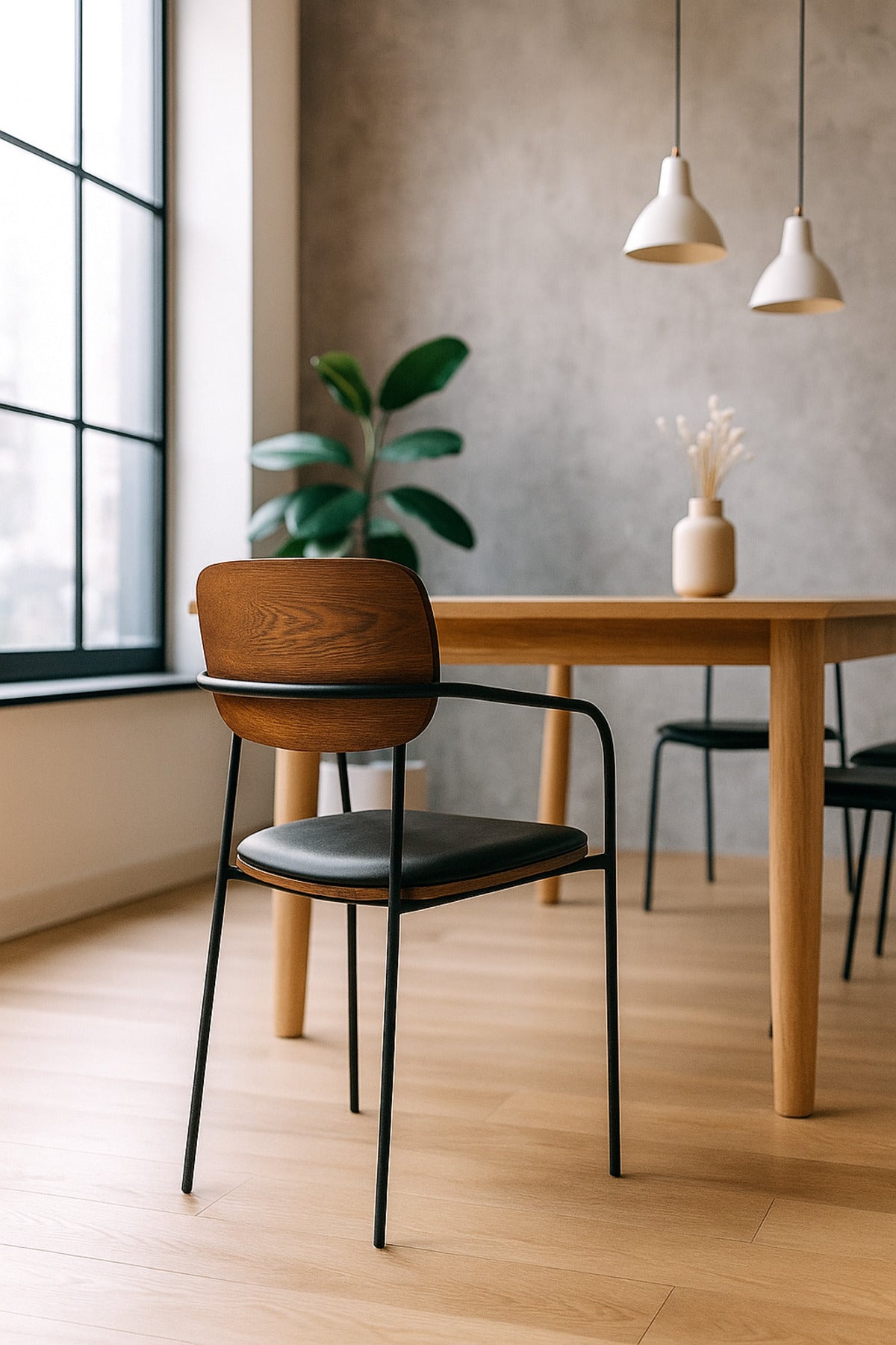 Dark Walnut Dining Chair Ð Modern Wood and Metal Armchair with Black Seat for Dining Room