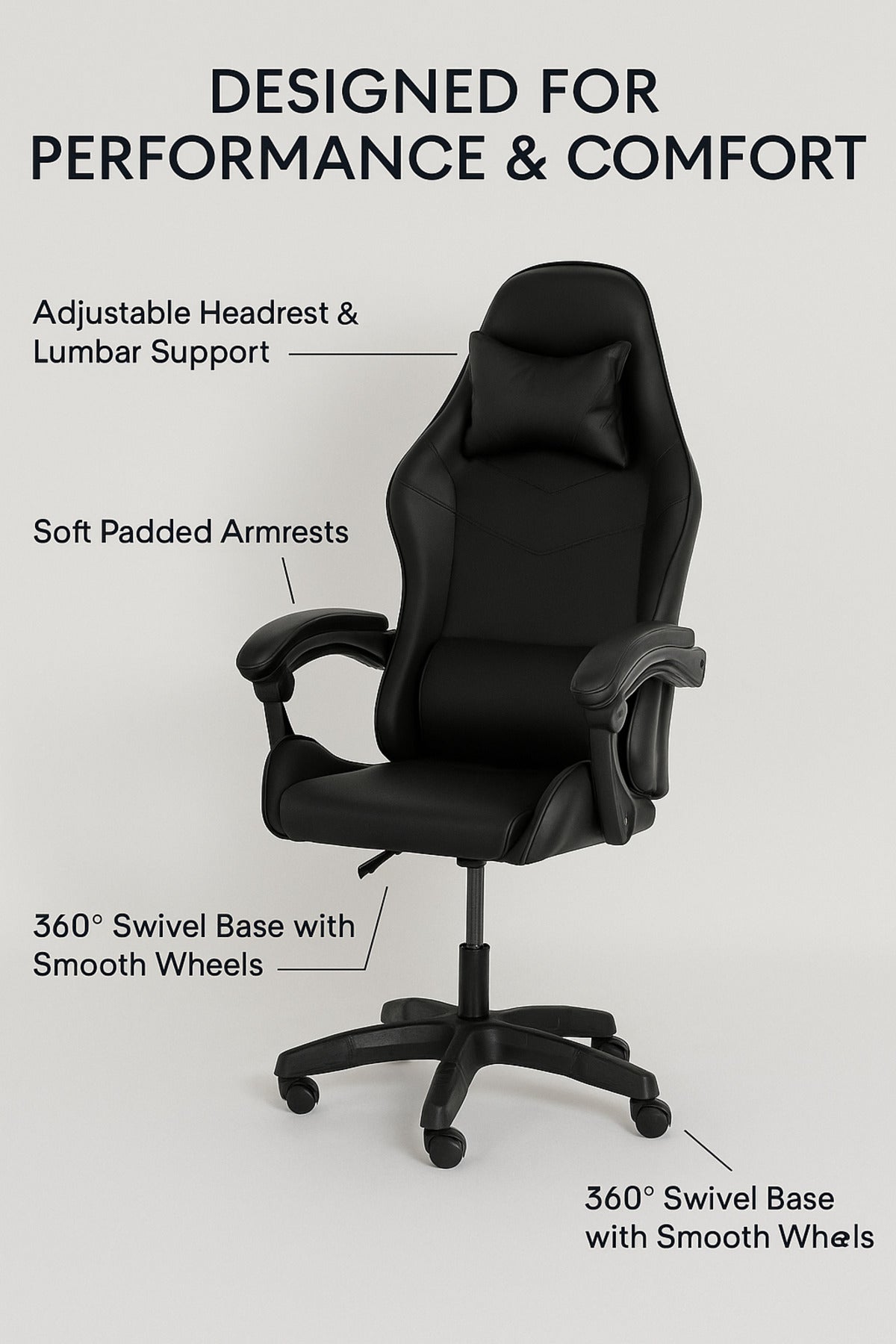 Black Gaming Chair Ð Ergonomic Office Chair with Adjustable Height, Swivel Base & Lumbar Support