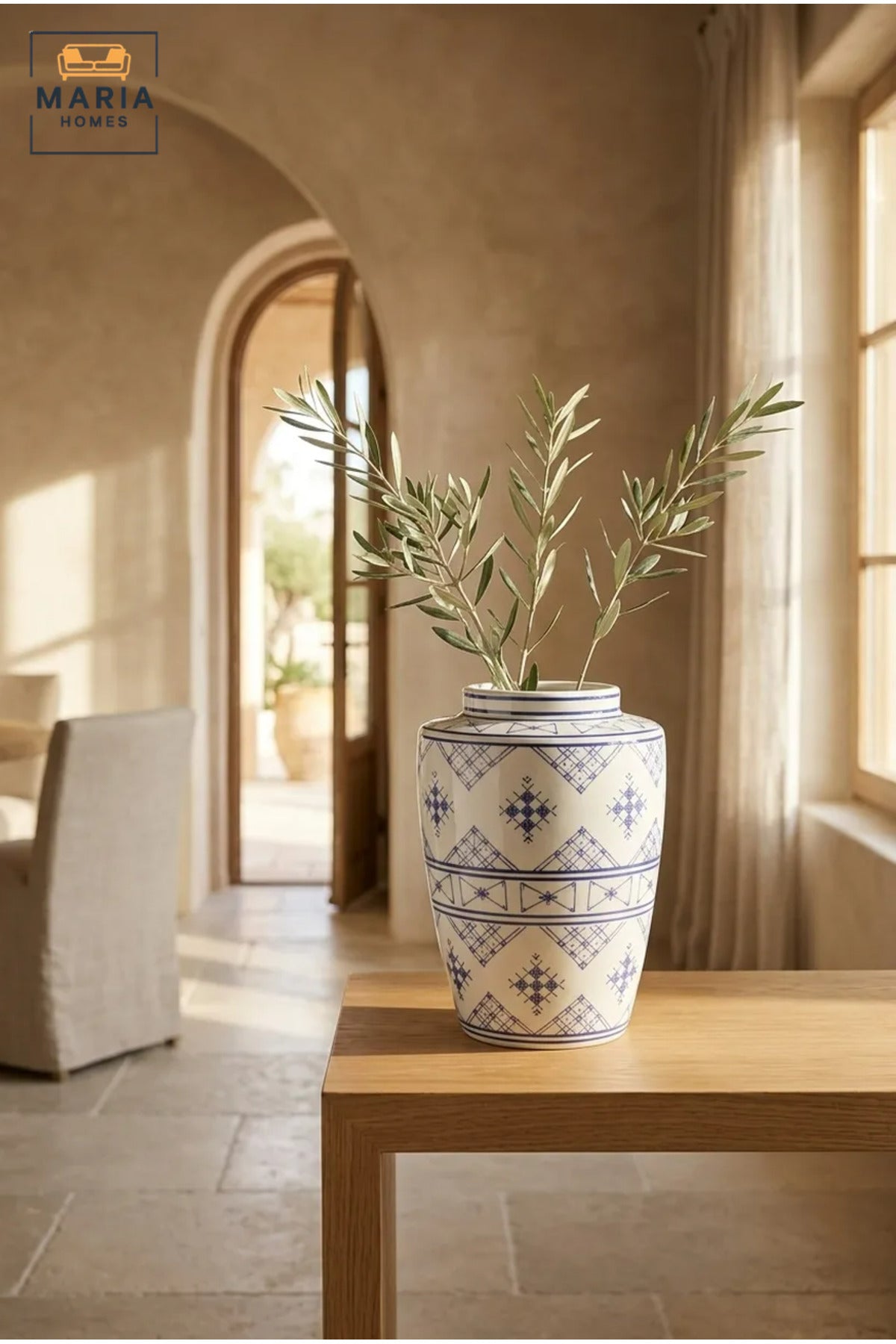 Blue and White Patterned Decorative Vase, Modern Ceramic Flower Holder with Geometric Design for Living Room, Bedroom, Office, Shelf and Table Décor