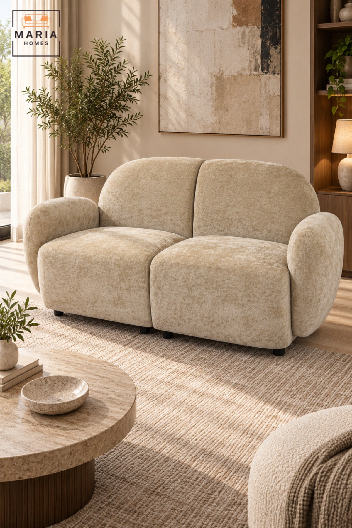 Modern 2 Seater Upholstered Loveseat Sofa with Rounded Backrest, Curved Armrests & Deep Cushioned Seats for Living Room, Bedroom and Lounge