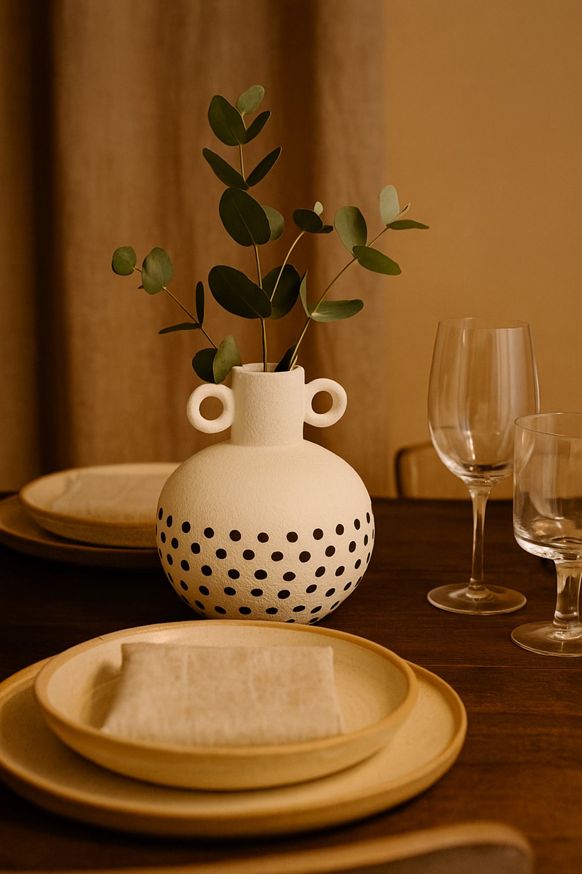Natural White Ceramic Vase with Black Dots Ð Round Double Handle Decorative Vase