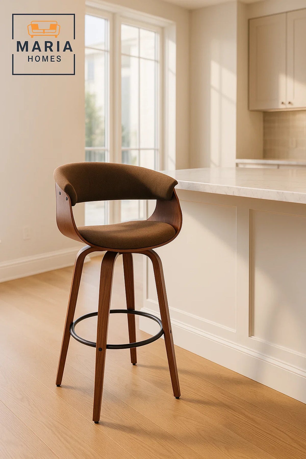 Brown Upholstered Swivel Bar Stool with Curved Wood Backrest, Metal Footrest for Kitchen & Counter
