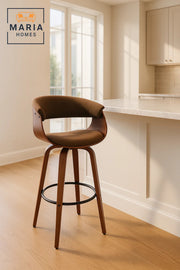 Brown Upholstered Swivel Bar Stool with Curved Wood Backrest, Metal Footrest for Kitchen & Counter