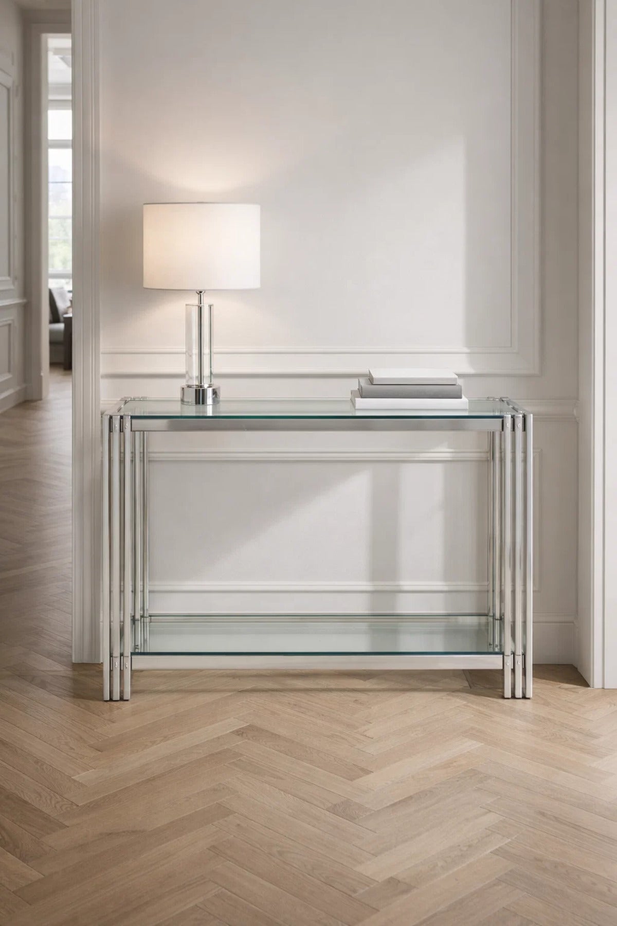 Luxury Silver Console Table with Glass Top for Entryway & Living Room
