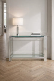 Luxury Silver Console Table with Glass Top for Entryway & Living Room