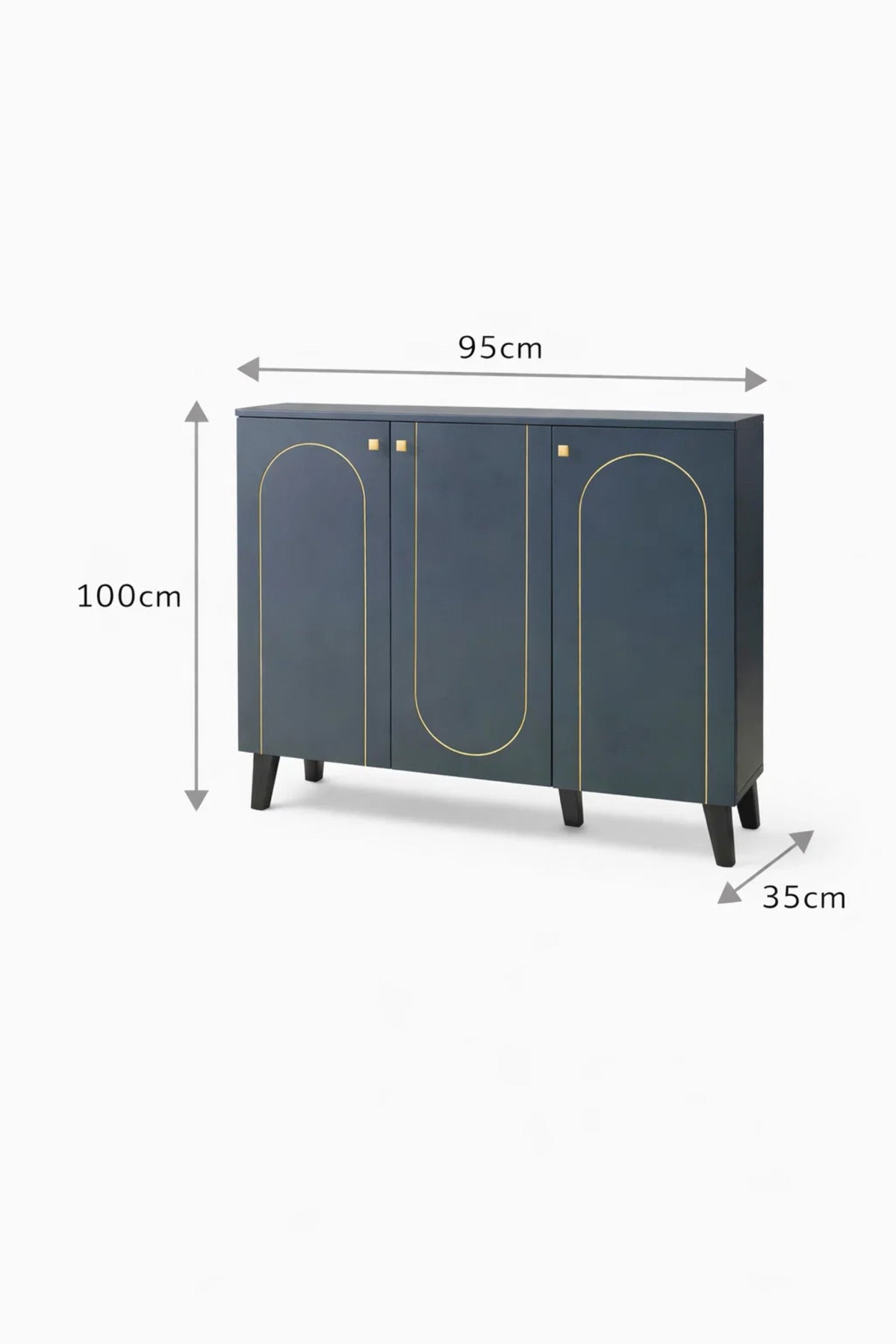 Modern Navy Blue Shoe Cabinet 3-Door Entryway Storage Organizer with Gold Trim 100x35x95cm