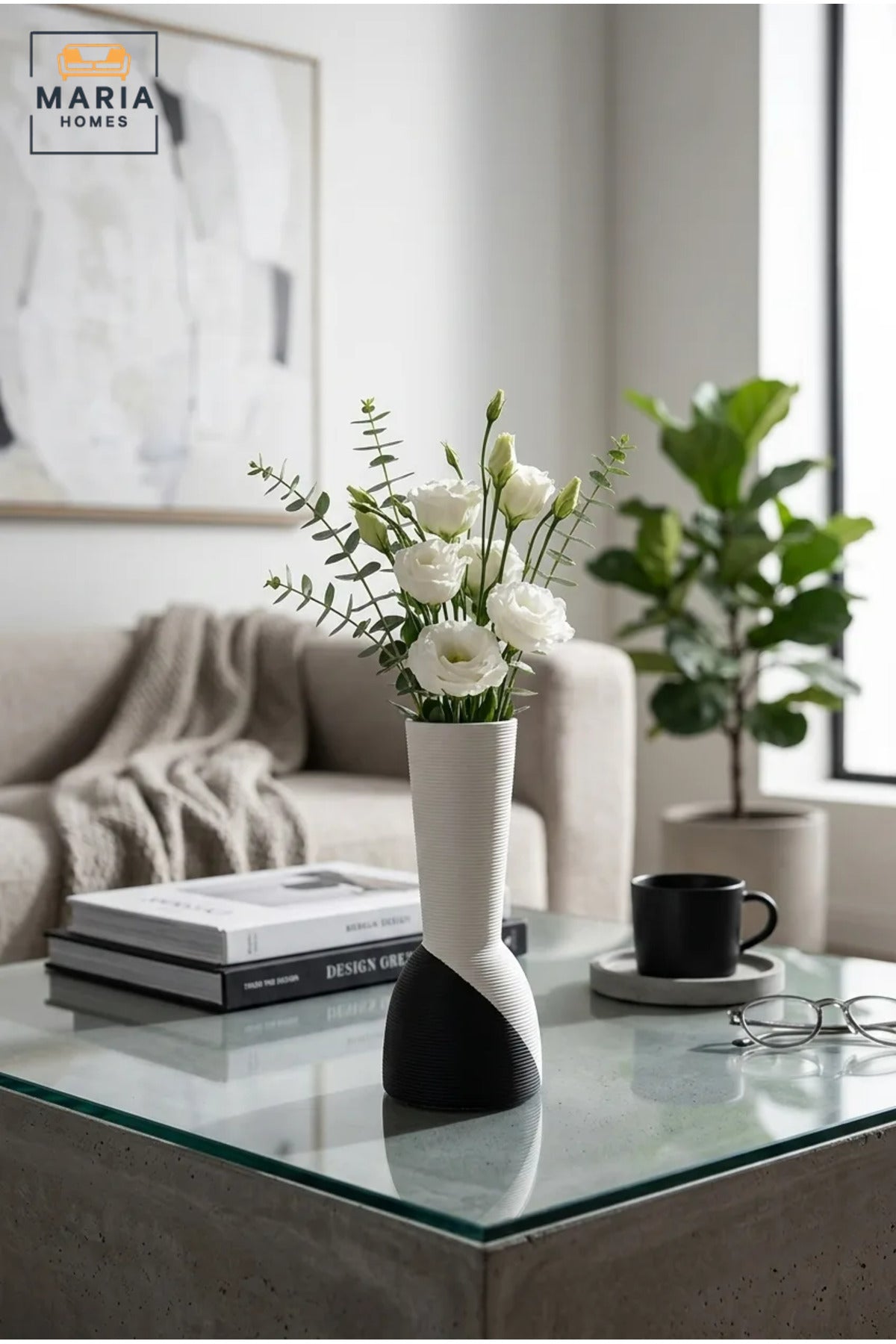 Modern Tall Decorative Flower Vase with Two-Tone Abstract Design, Narrow Opening and Ribbed Texture for Living Room, Bedroom, Office and Console Décor