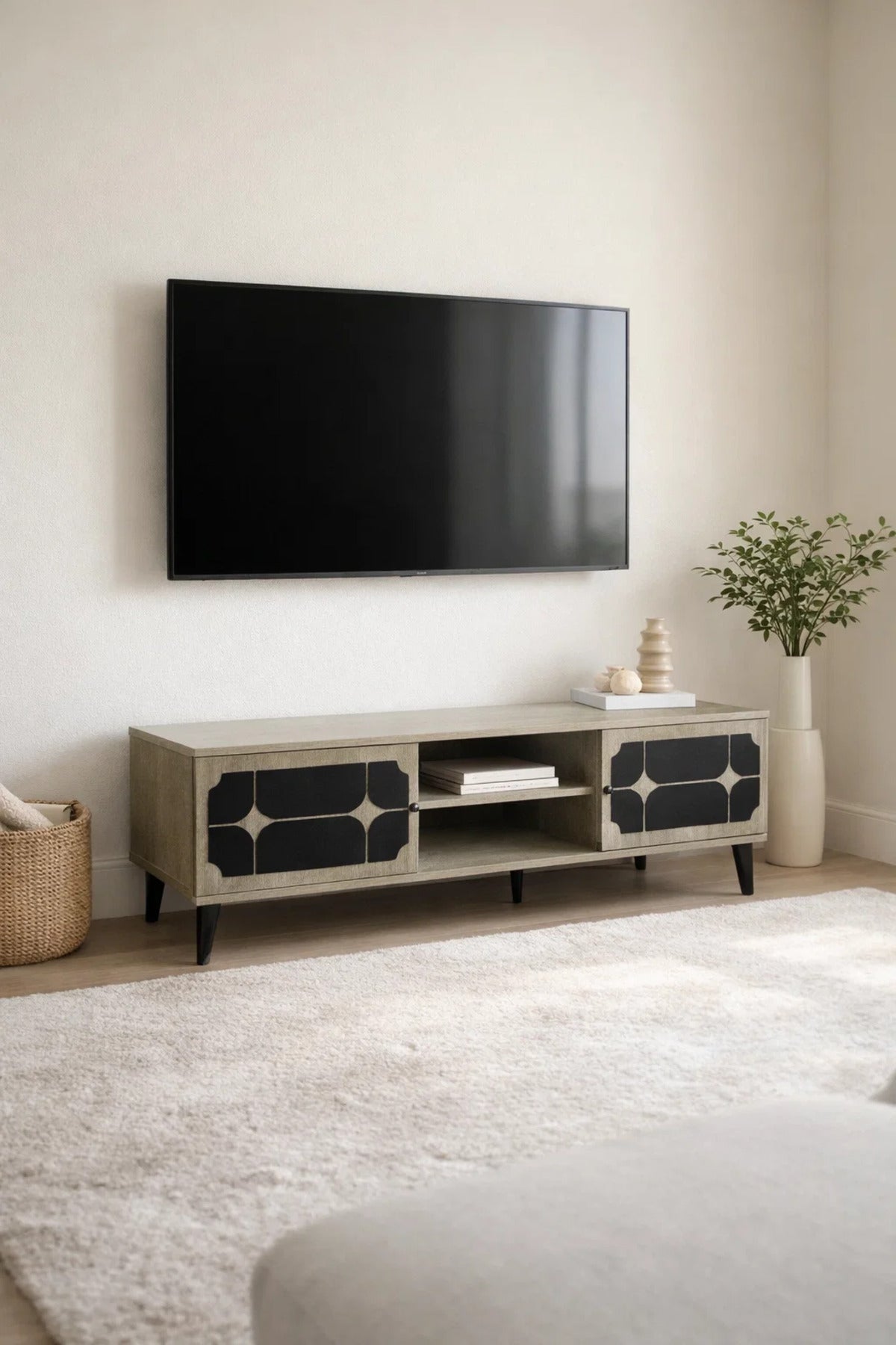 Samal Furniture Modern Beige TV Stand with Geometric Black Doors and Open Shelves 160cm Width