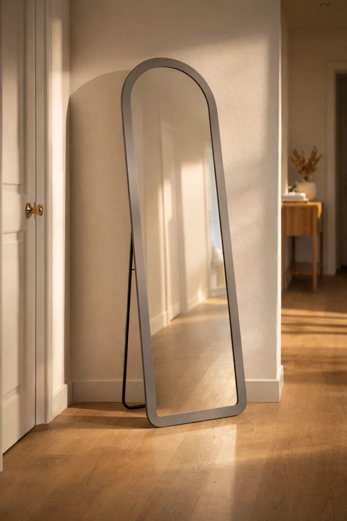 Premium Grey Arched Stand Mirror Full Body Reflection for Modern Home Interiors Size 160x60cm