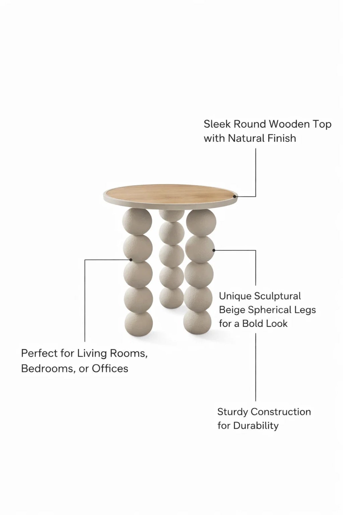 Stylish Beige Round Side Table with Unique Sphere Legs Wood Top for Modern Living Room Home