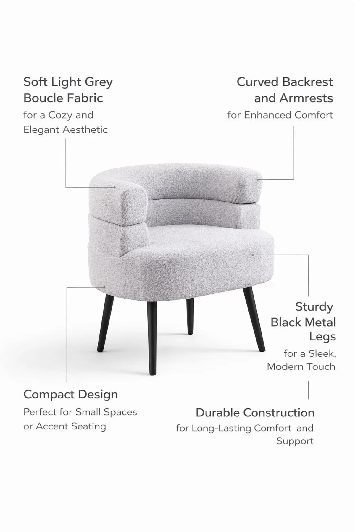 Premium Light Grey Boucle Fabric Armchair with Curved Back Design for Modern Home Living Room