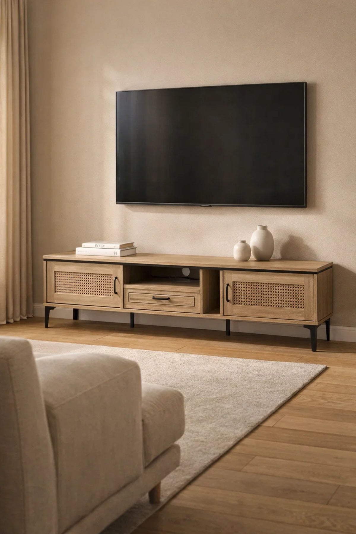 Natural Wood TV Stand √ê 200x40x46 cm Modern Plasma Table with Cabinets & Drawer