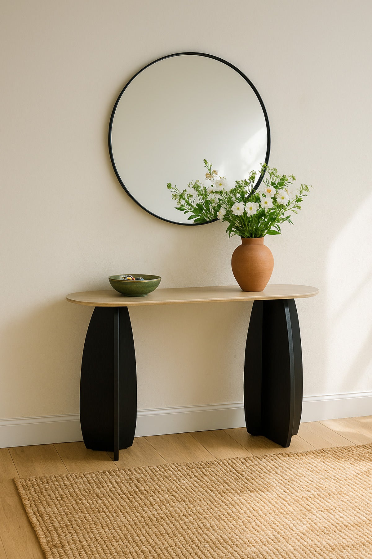 Modern Black Console Table 140_40_80 cm Ð Wooden Base with Beige Top for Entryway & Living Room