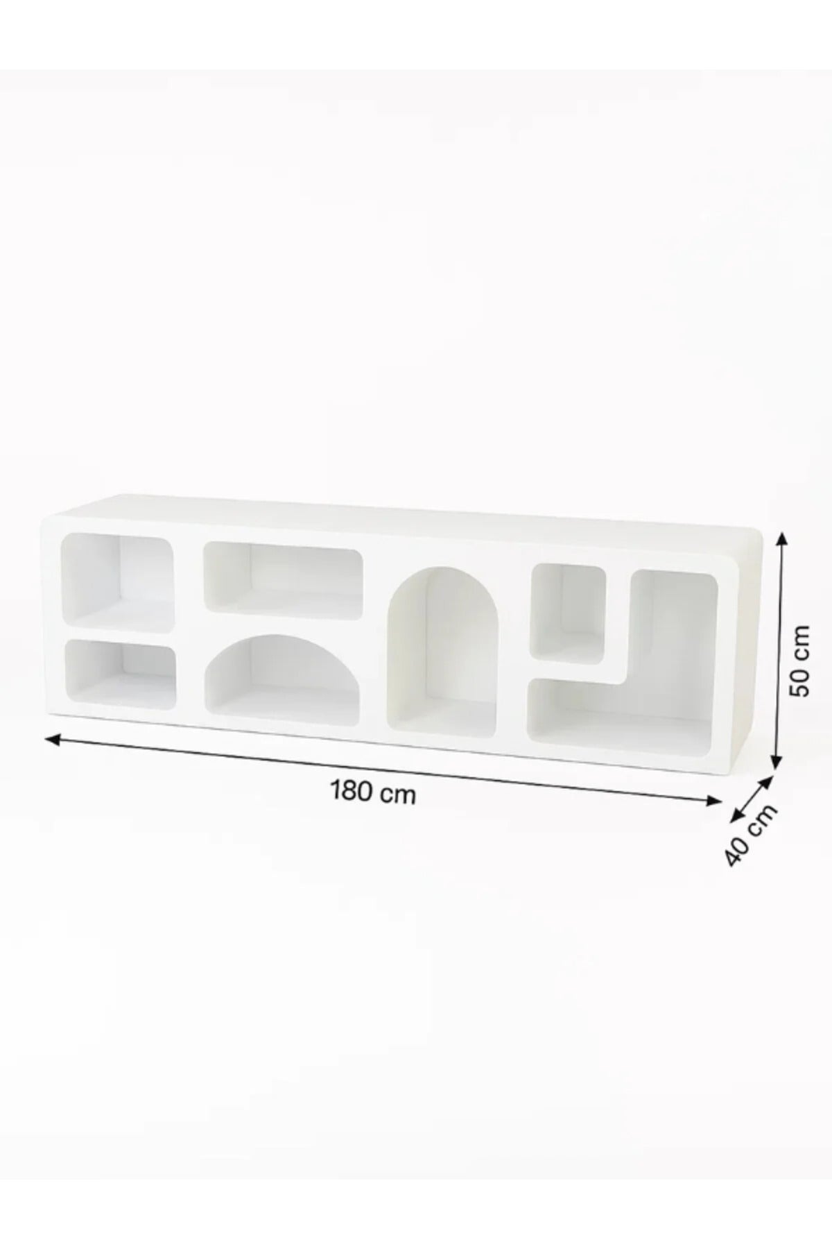 Modern White TV Stand with Arched Open Shelves – 180x40x50 cm Minimalist Media Console