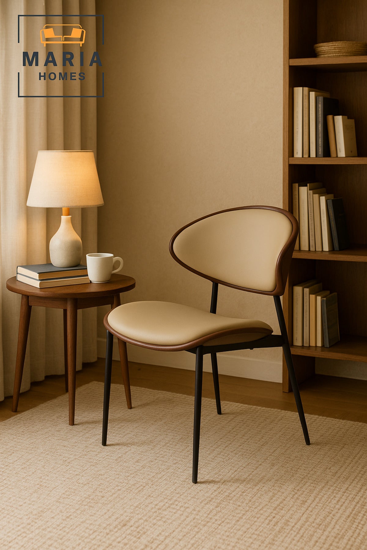 Modern Beige Dining Chair Ð Upholstered Seat with Wood Accent & Black Metal Legs