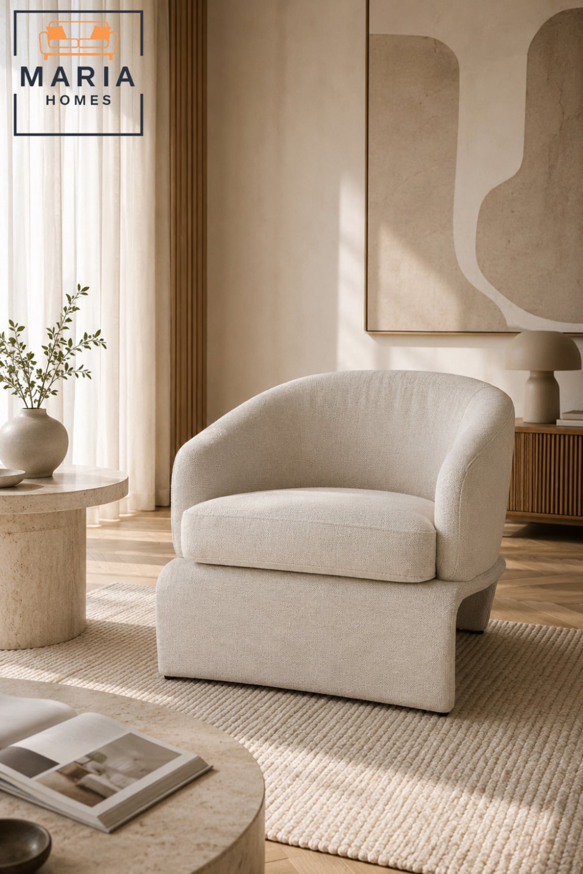 Beige Barrel Accent Chair Ð Modern Upholstered Lounge Chair for Living Room, Bedroom, Hotel & Reception Area