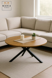 Compact walnut coffee table with cross black metal legs