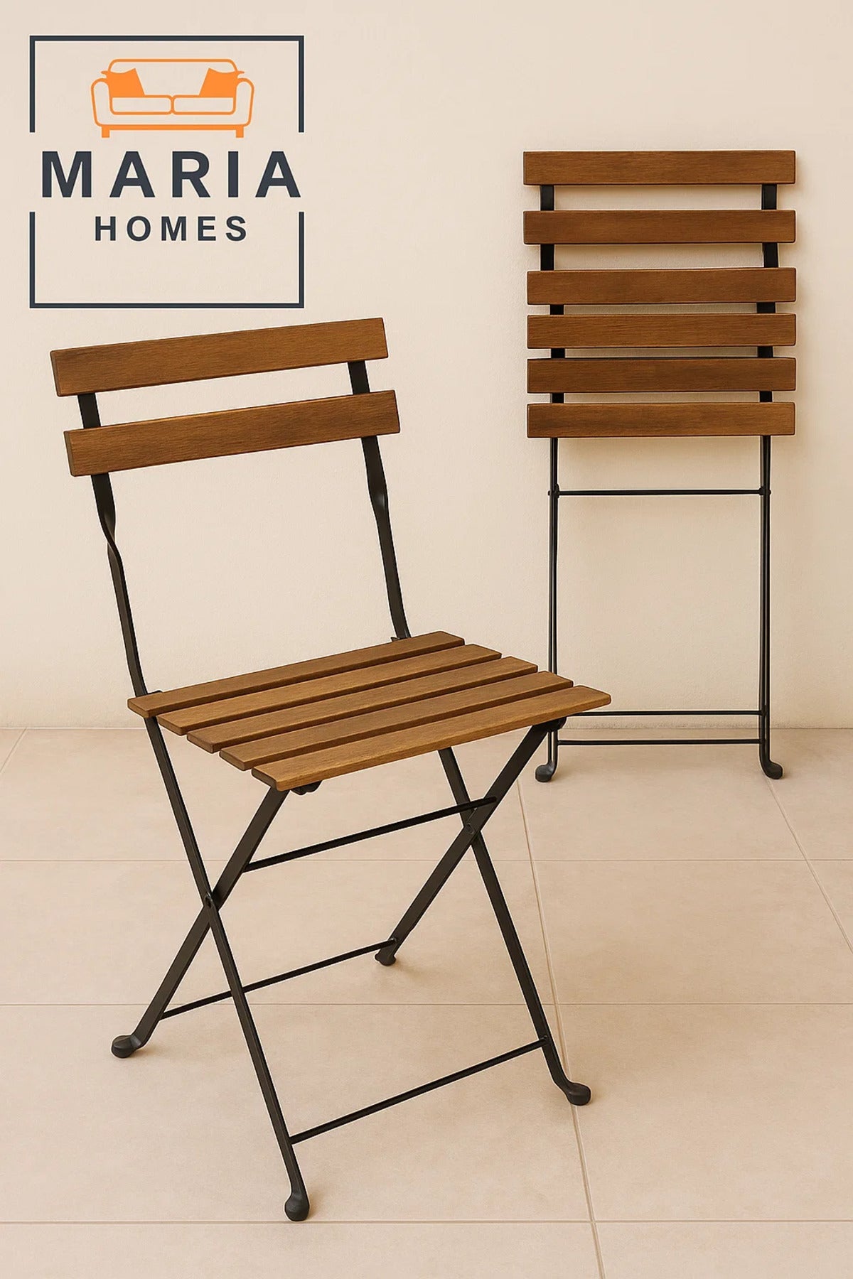 Folding Wooden Bistro Chair Ð Rustic Outdoor & Indoor Seating with Black Metal Frame