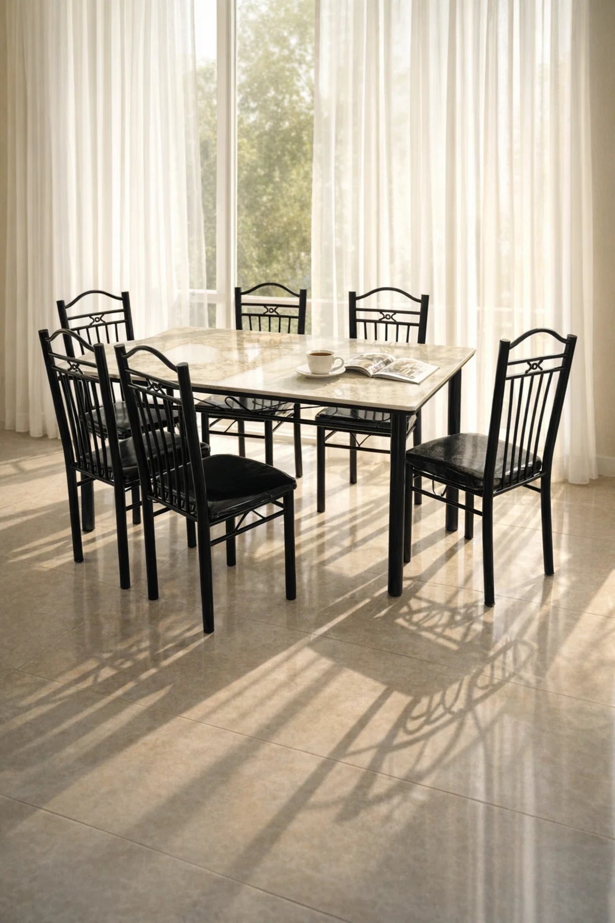 Elegant Beige Marble Dining Table Set with 6 Black Cushioned Chairs Modern Dining Furniture