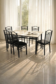 Elegant Beige Marble Dining Table Set with 6 Black Cushioned Chairs Modern Dining Furniture