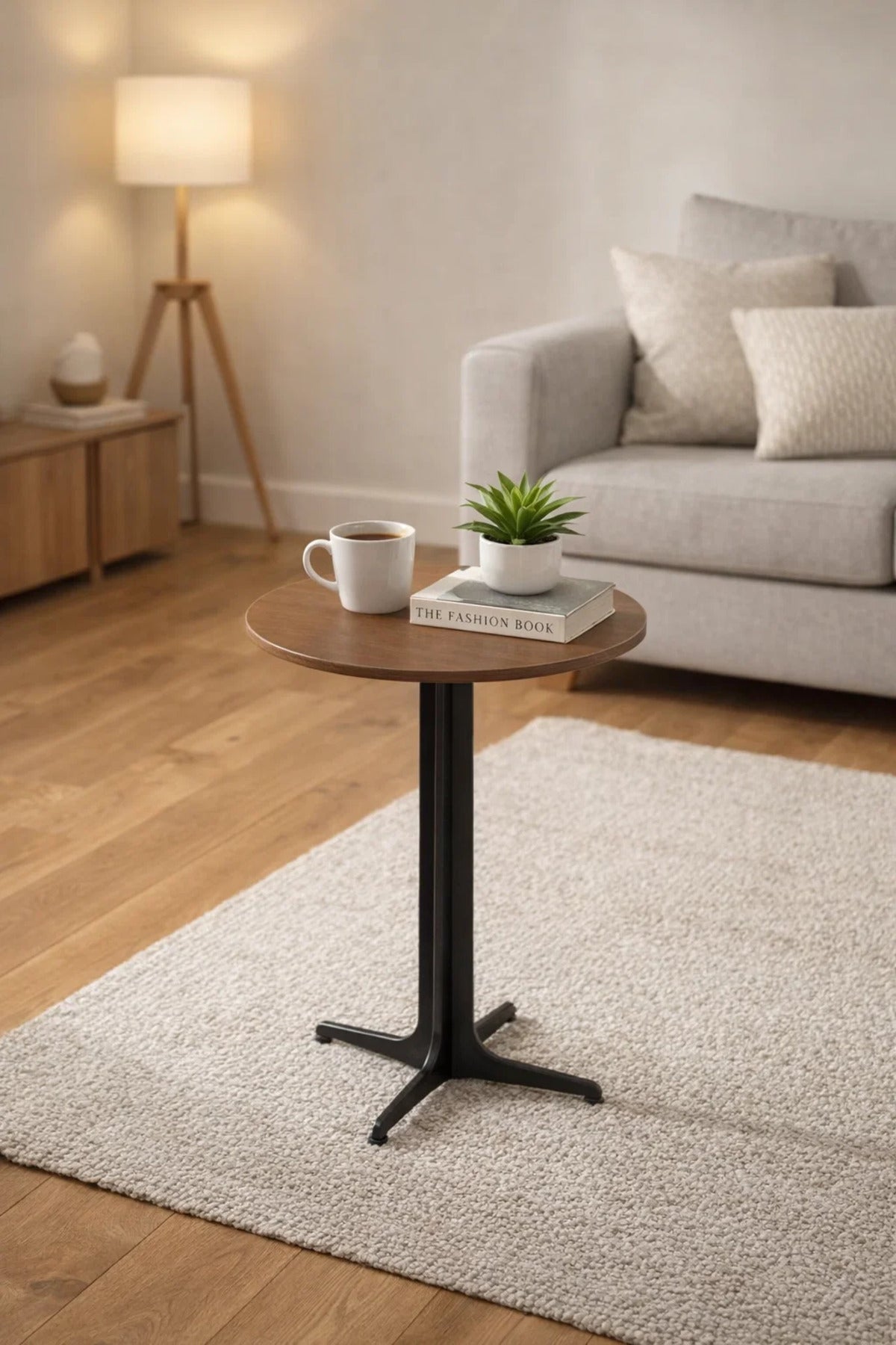 Modern Brown Round Coffee Table with Wooden Top and Metal Base for Living Room-size 45*45*55 cm