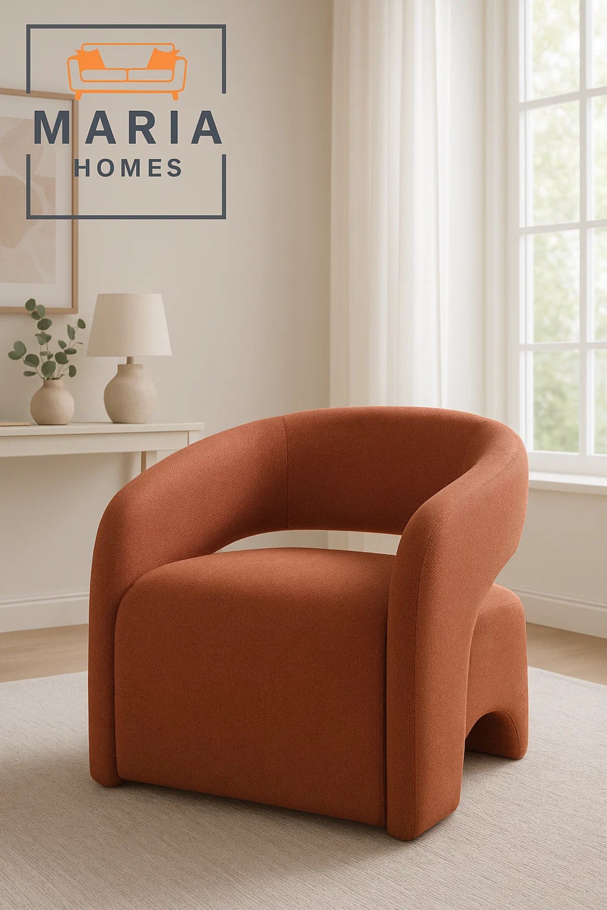 Rust Orange Modern Curved Fabric Armchair Ð Minimalist Accent Chair for Living Room