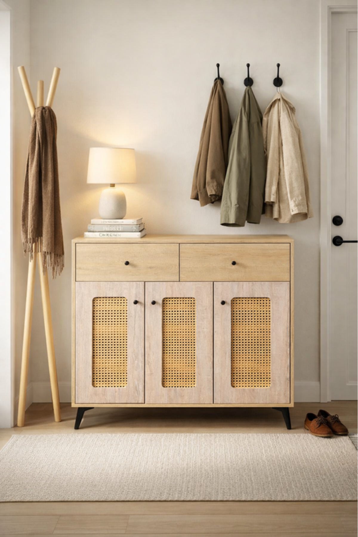 Wood Storage Cabinet with Rattan Doors 100_35_95 cm Modern Sideboard wood storage